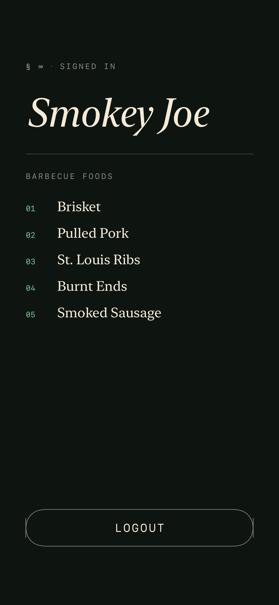 LoggedIn napkin: dark background with Smokey Joe's name and a numbered list of barbecue foods.