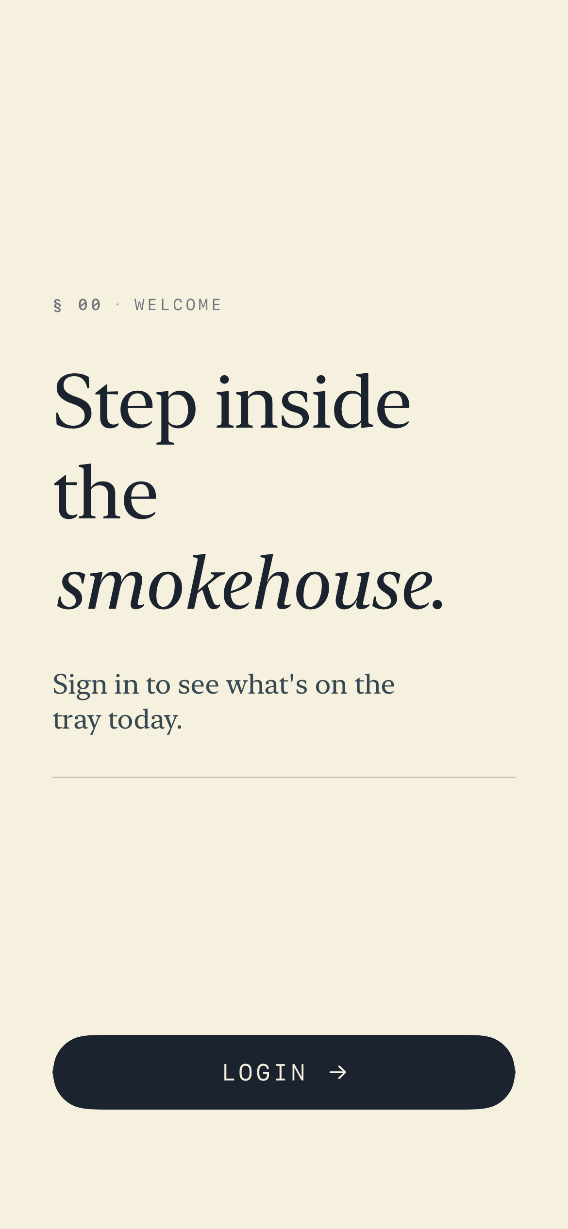 LoggedOut napkin: paper-cream background with kicker, smokehouse headline, and LOGIN button.